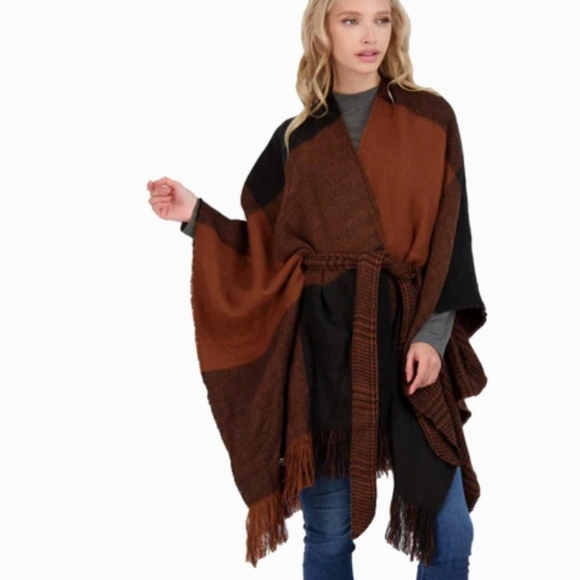 Halston Ruana Wrap - Belted Cardigan Sweater Burgandy Navy NWT - Picture 3 of 12